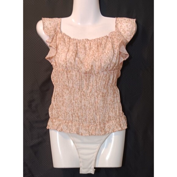 Lulus Women Pink Ivory Beige Floral Flutter Sleeves Shoulder Ties Bodysuit, XL - Picture 1 of 5